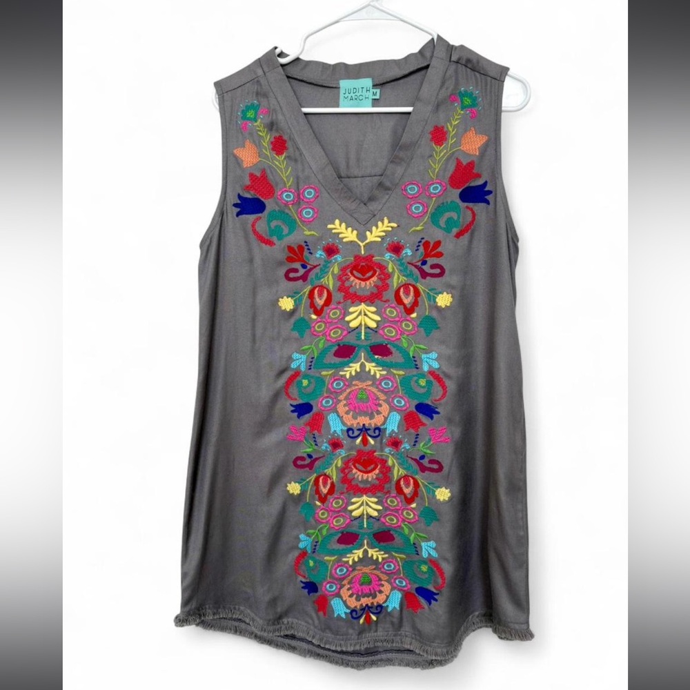 Judith‎ March Sleeveless Embroidered Floral Tunic Dress Medium Frayed Hem Casual